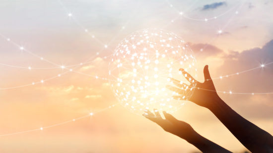 Abstract science, circle global network connection in hands on sunset background